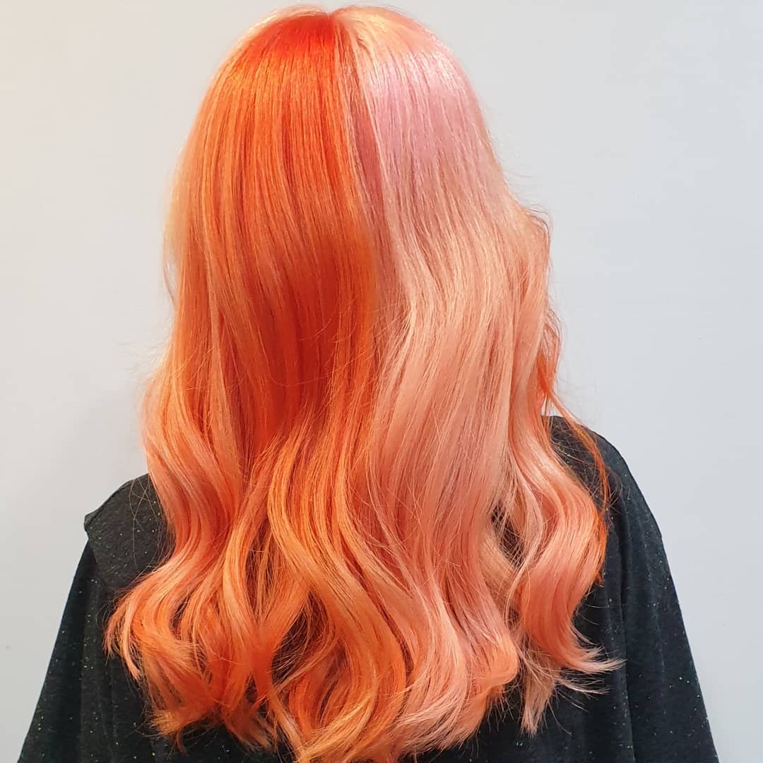 Long Orange and Brunette Color Blocking Hairstyle by @pinkdagger