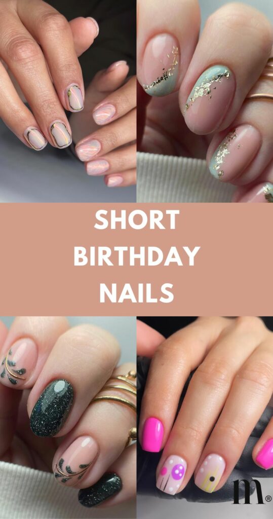 pinterest image for an article about short birthday nails